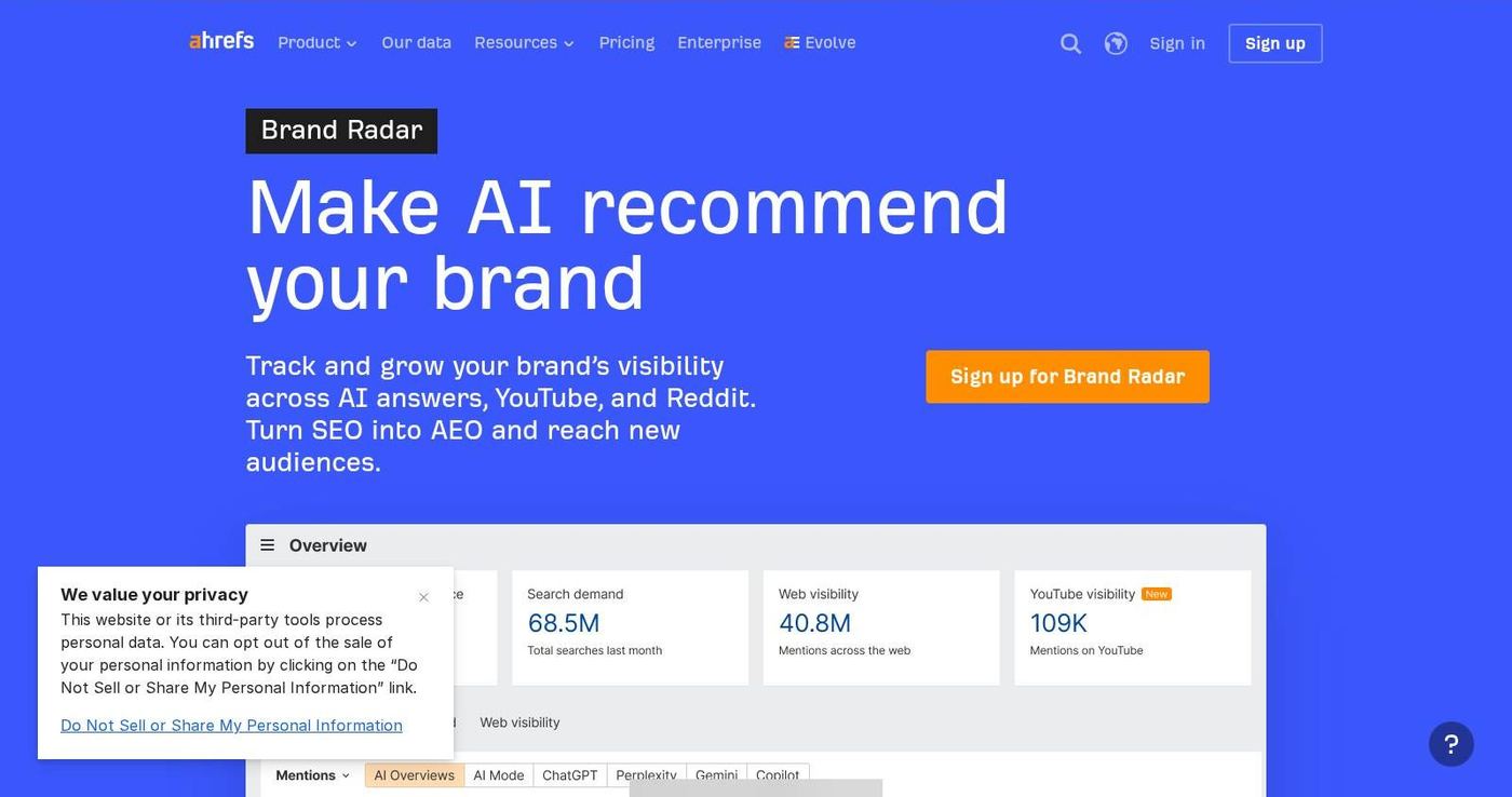 Ahrefs Brand Radar page for tracking brand visibility in AI answers