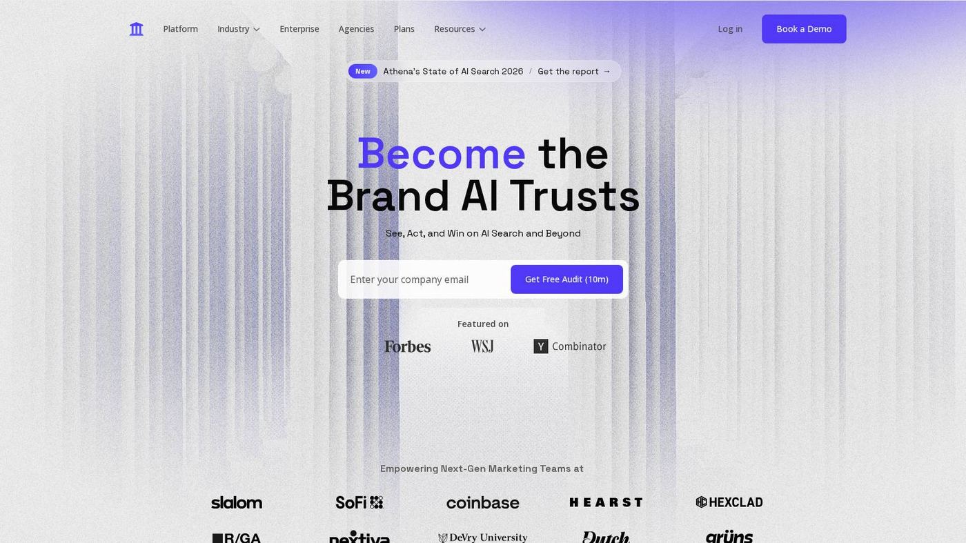 AthenaHQ homepage for AI search console and brand tracking