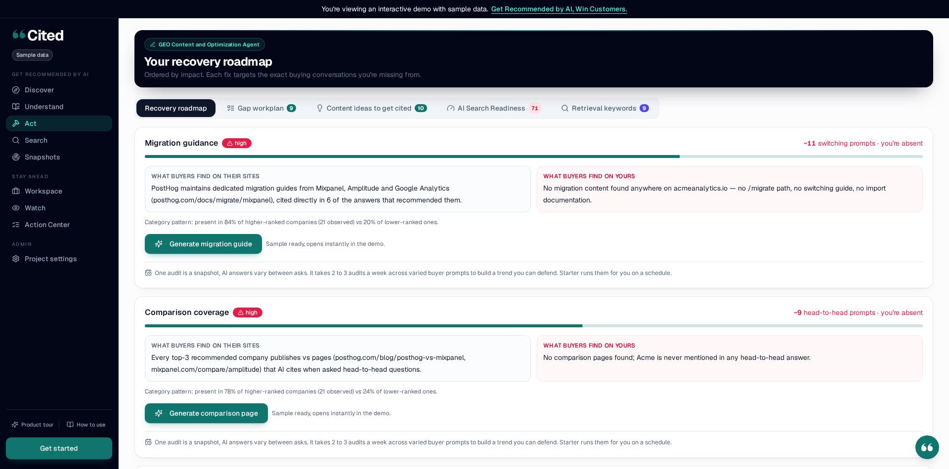Cited AI search optimization platform roadmap listing AI visibility gaps with the evidence behind each and a drafted fix ready to generate