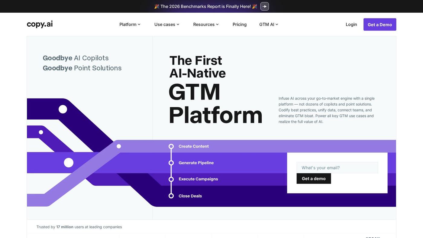 Copy.ai homepage for AI-powered go-to-market content workflows