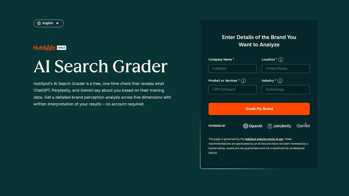 HubSpot AI Search Grader offering a free brand visibility check
