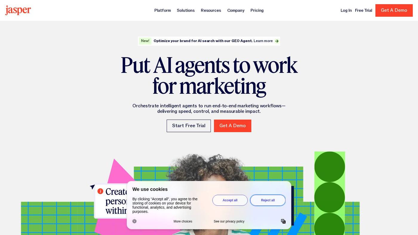 Jasper homepage for AI marketing content creation