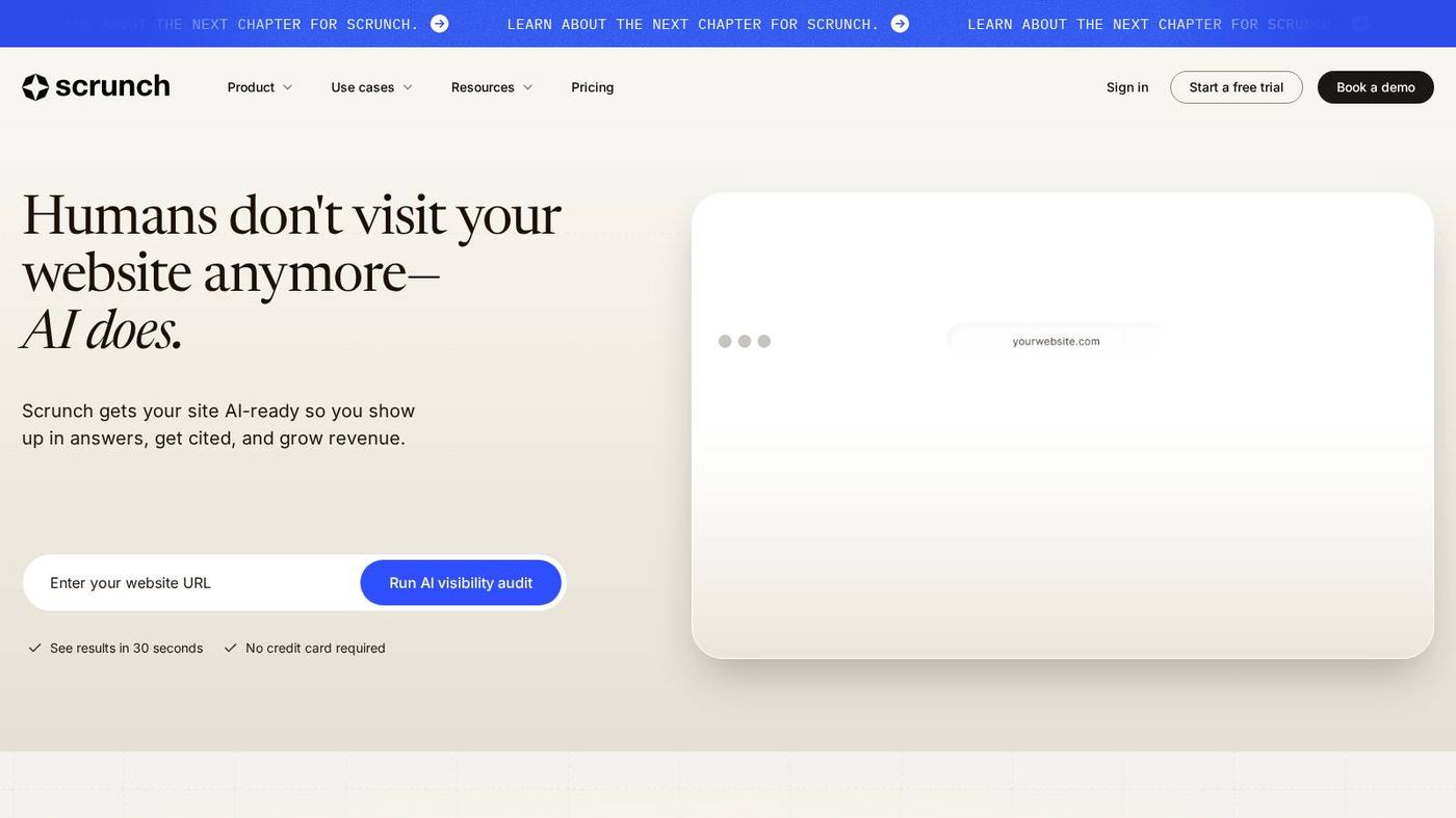 Scrunch AI homepage showing AI search visibility for enterprise teams