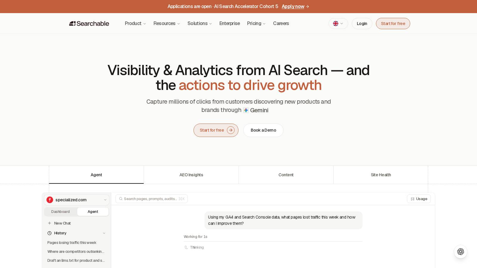 Searchable homepage, an AI search optimization tool combining prompt tracking with article generation
