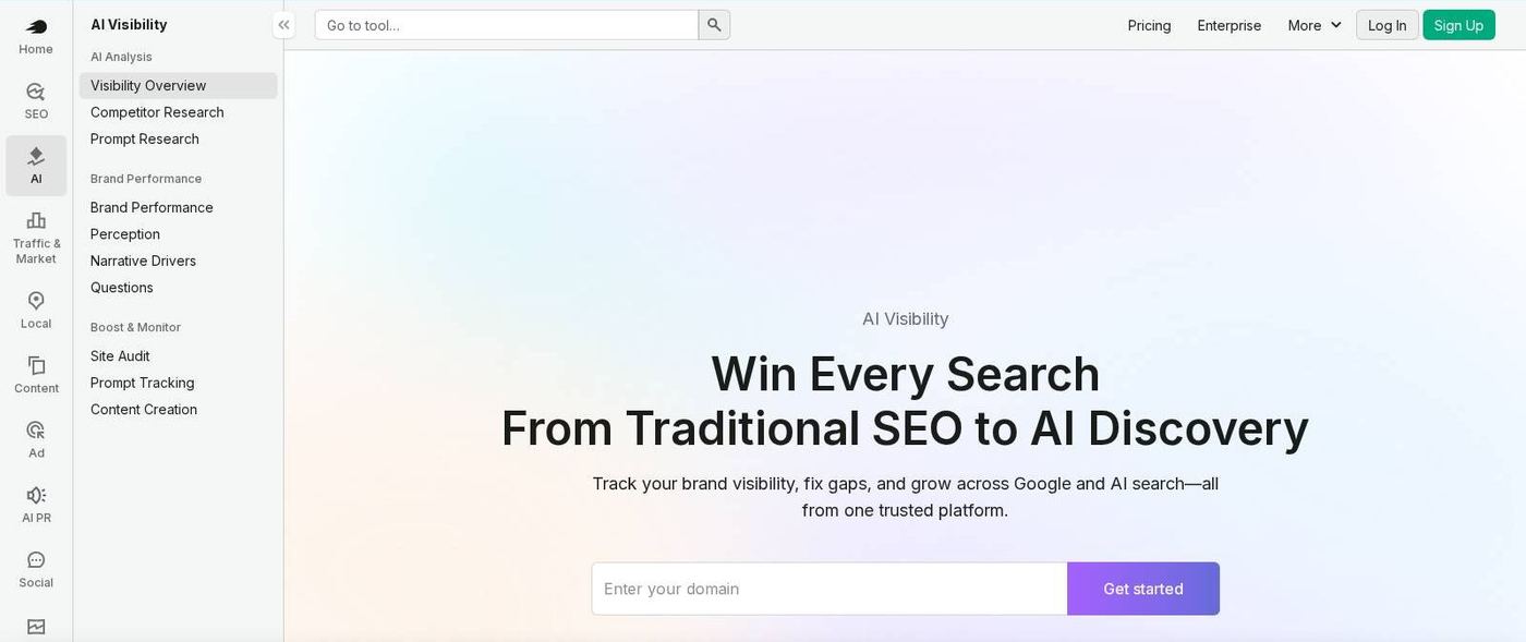 Semrush AI Visibility toolkit page for tracking brand presence in AI search